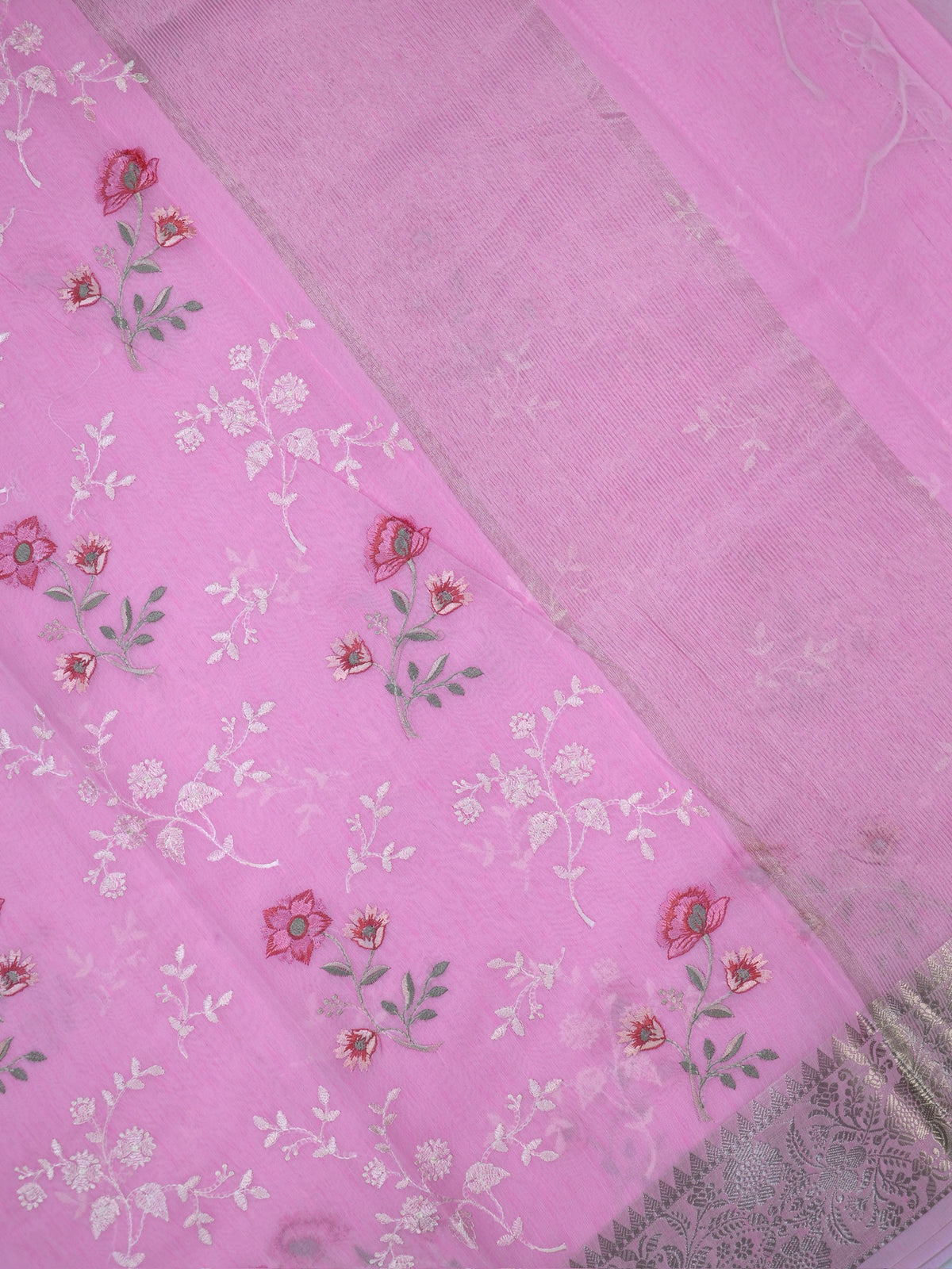 Pastel Pink Soft Cotton Silk Floral Embroidered Saree with Silver Zari