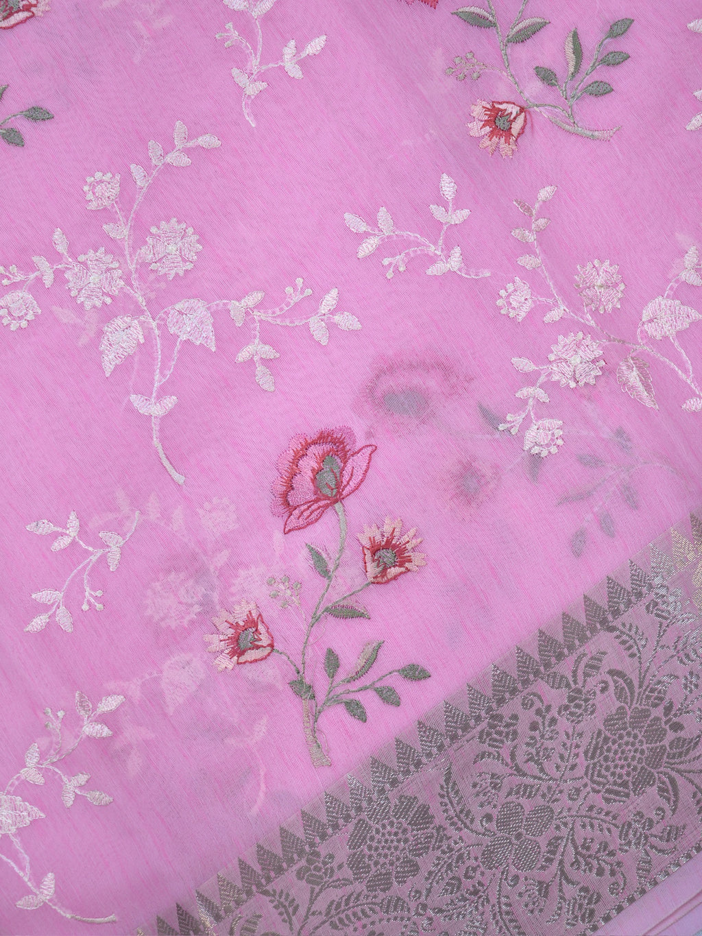 Pastel Pink Soft Cotton Silk Floral Embroidered Saree with Silver Zari