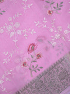 Pastel Pink Soft Cotton Silk Floral Embroidered Saree with Silver Zari