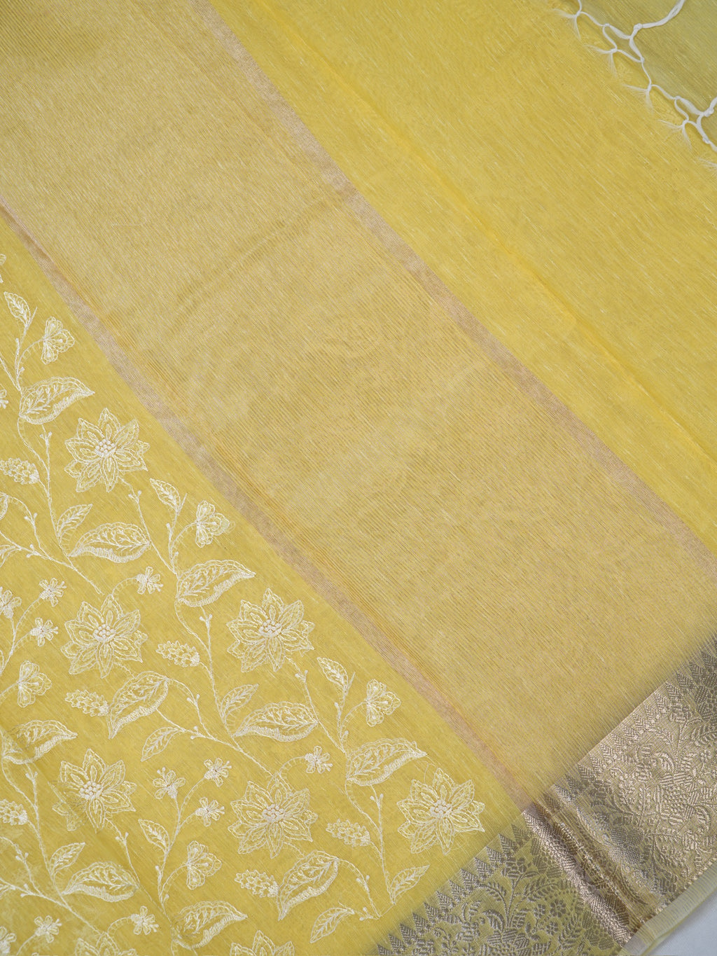 Sunshine Yellow Soft Cotton Silk Floral Vine Embroidered Saree with Silver Zari