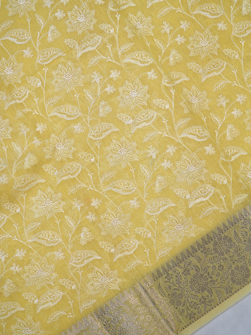 Sunshine Yellow Soft Cotton Silk Floral Vine Embroidered Saree with Silver Zari