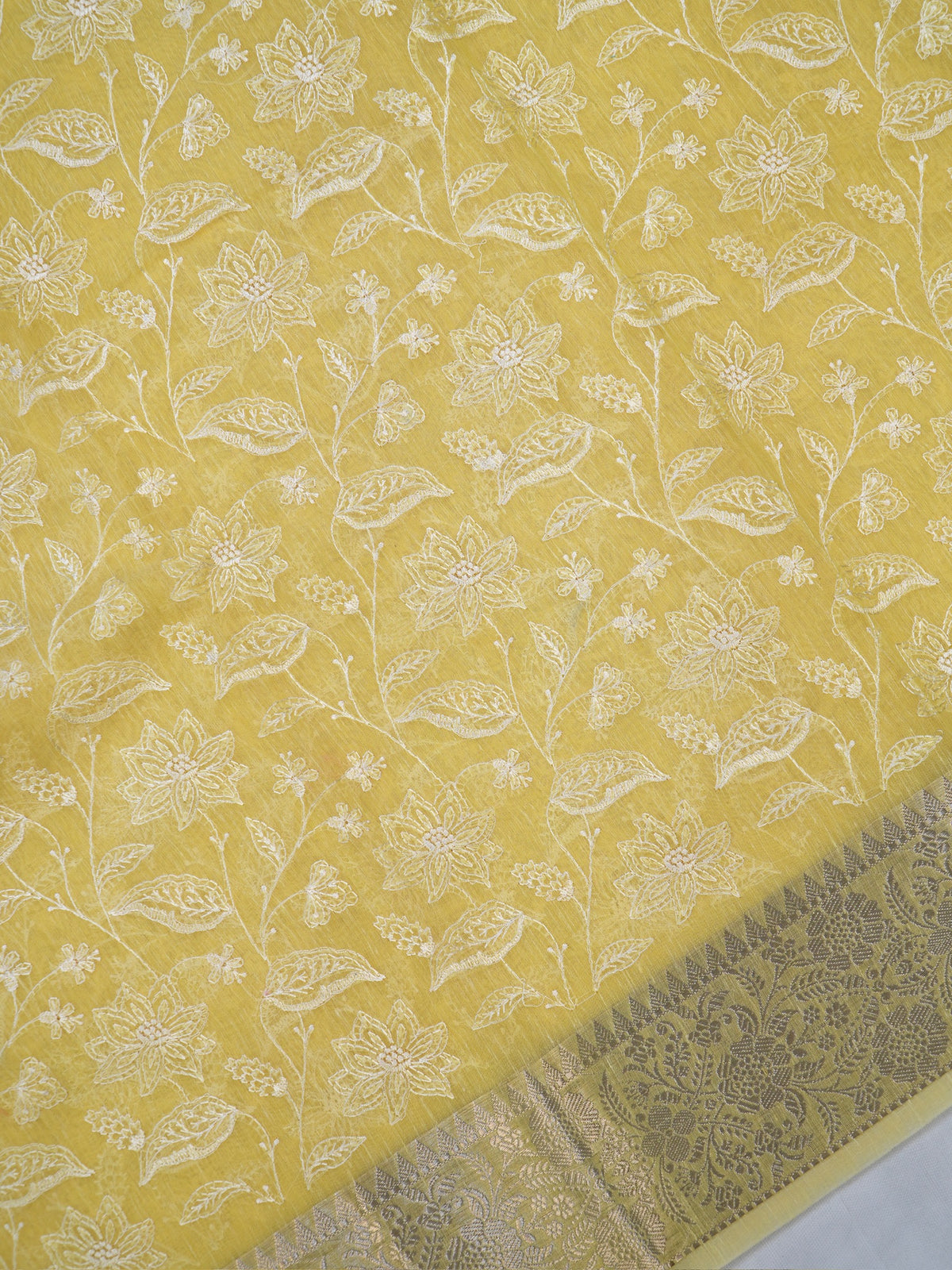 Sunshine Yellow Soft Cotton Silk Floral Vine Embroidered Saree with Silver Zari