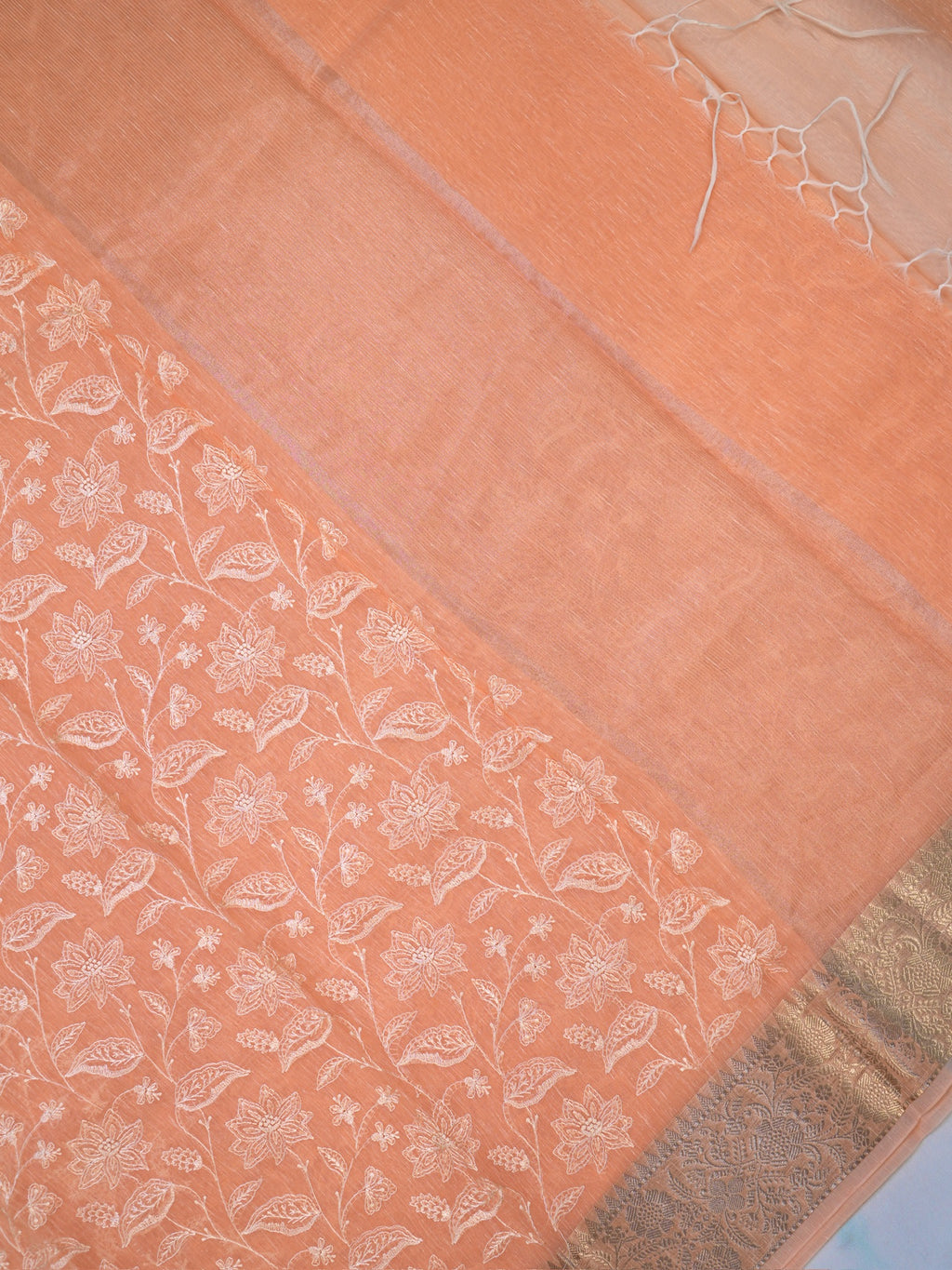 Peach Coral Soft Cotton Silk Floral Vine Embroidered Saree with Silver Zari
