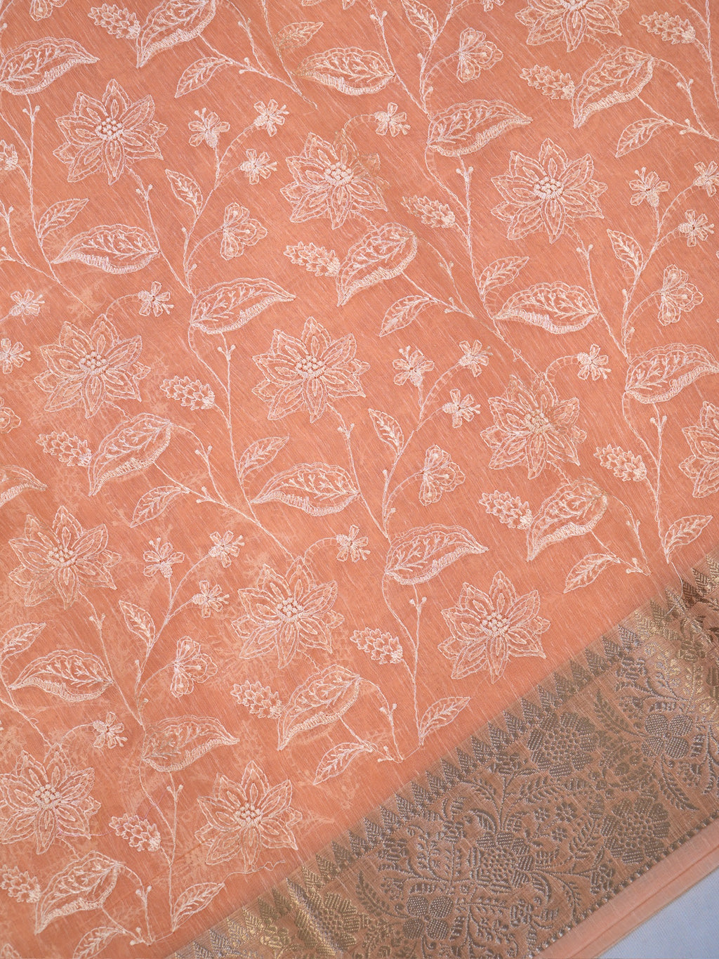 Peach Coral Soft Cotton Silk Floral Vine Embroidered Saree with Silver Zari