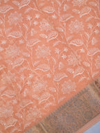 Peach Coral Soft Cotton Silk Floral Vine Embroidered Saree with Silver Zari