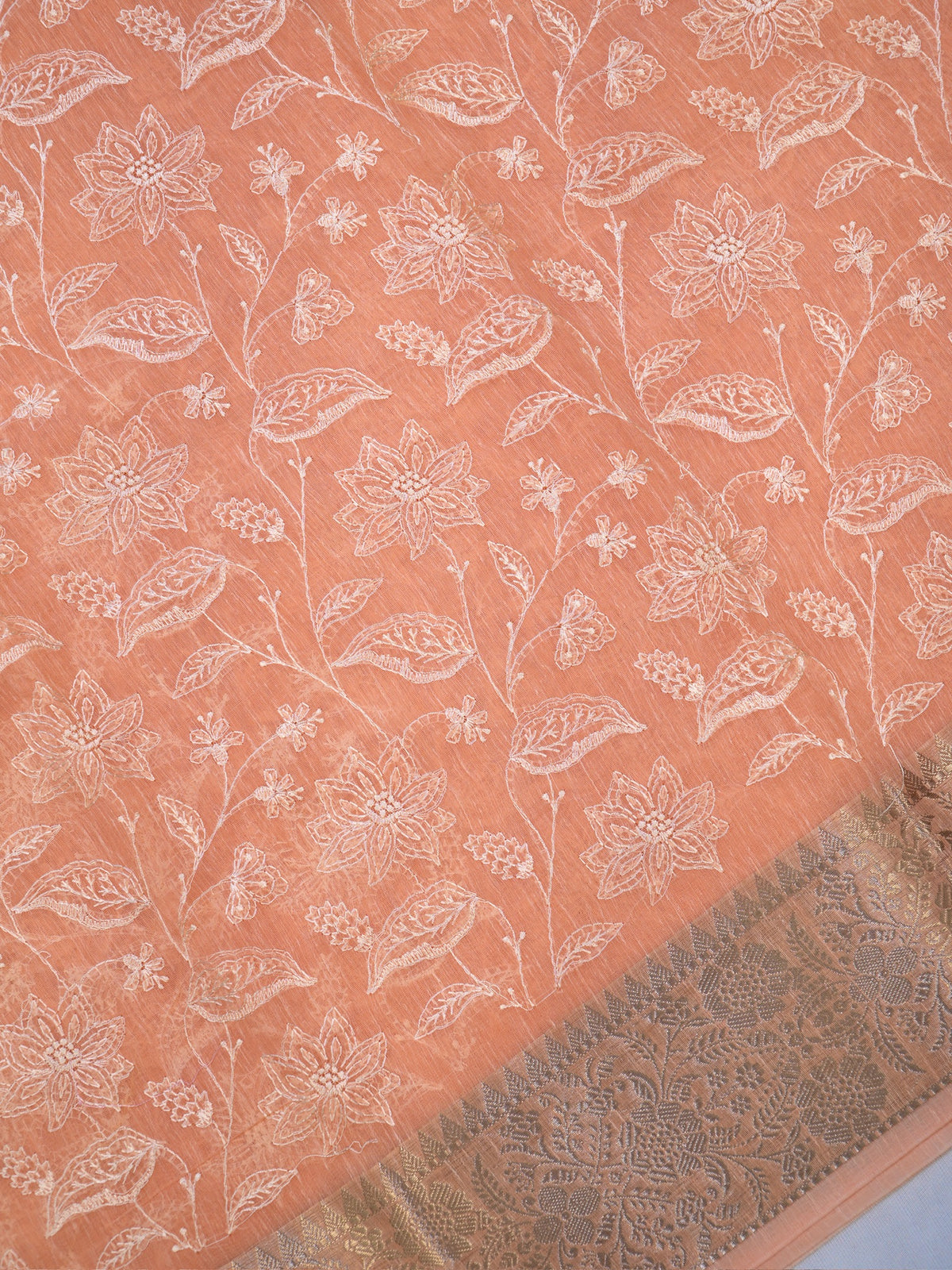 Peach Coral Soft Cotton Silk Floral Vine Embroidered Saree with Silver Zari