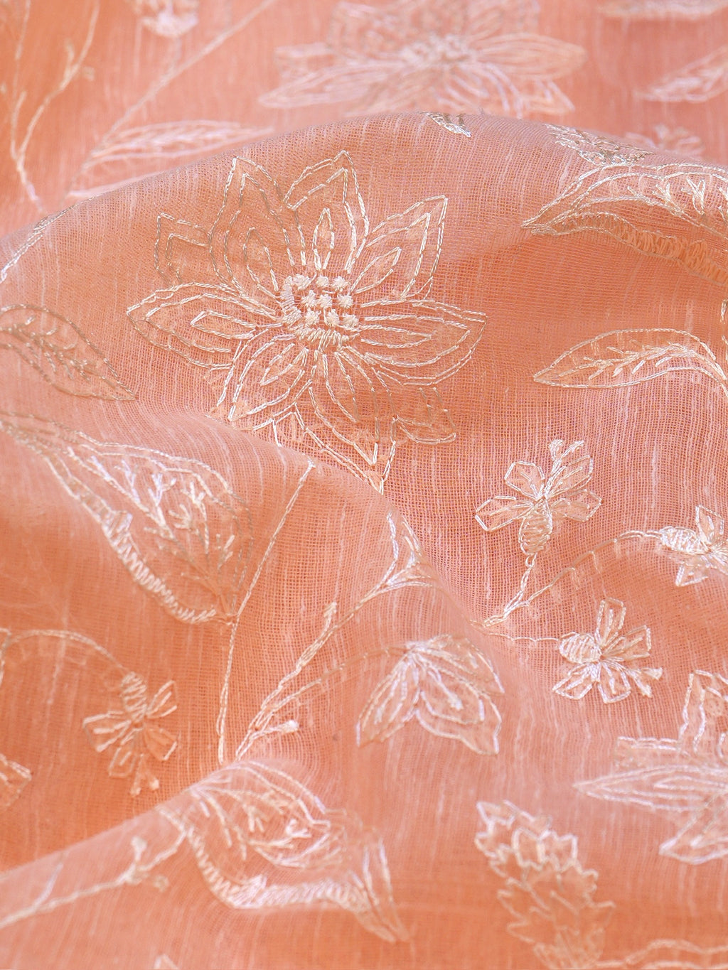 Peach Coral Soft Cotton Silk Floral Vine Embroidered Saree with Silver Zari