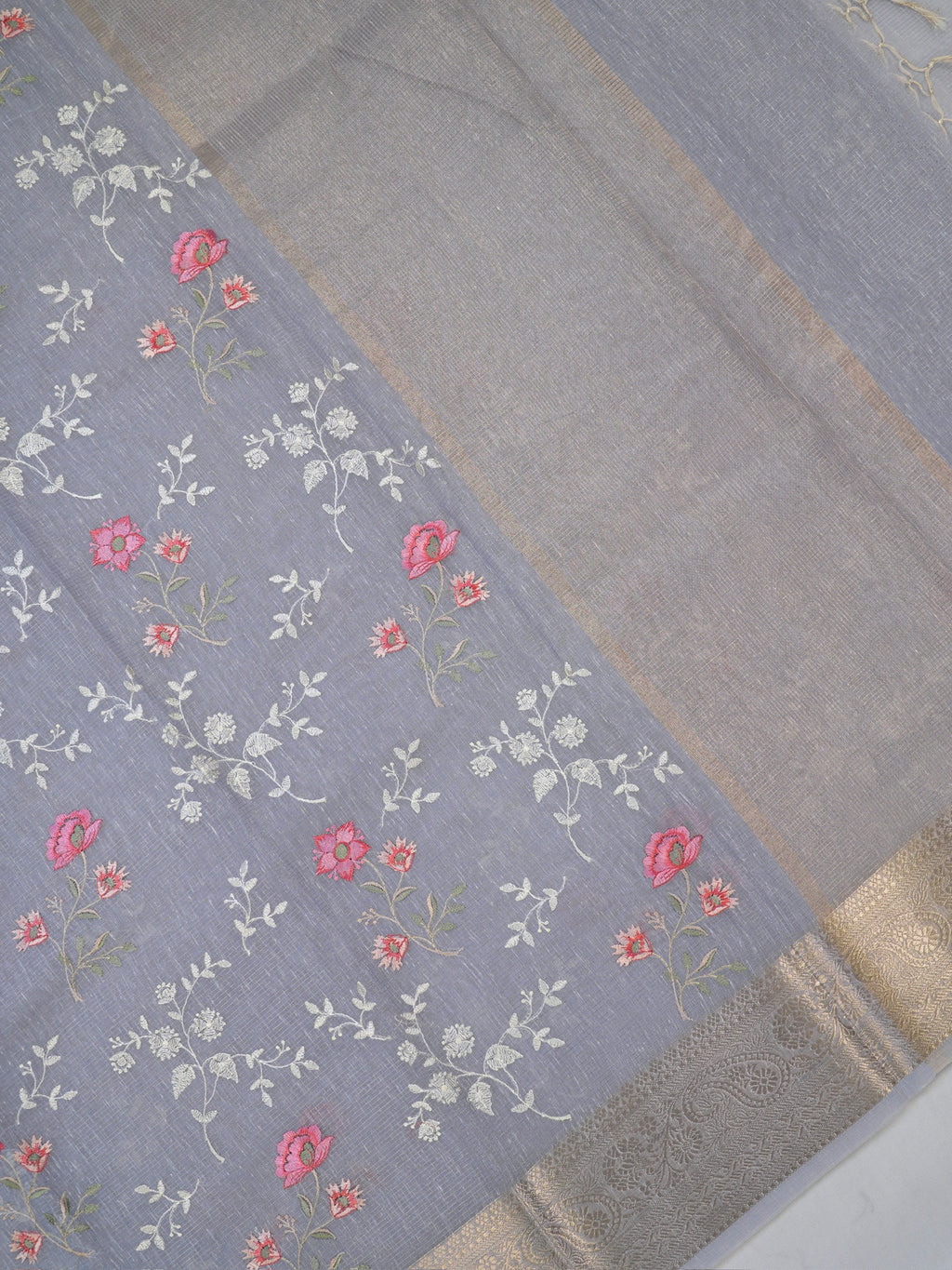 Powder Blue Soft Cotton Silk Floral Embroidered Saree with Silver Zari