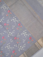 Powder Blue Soft Cotton Silk Floral Embroidered Saree with Silver Zari