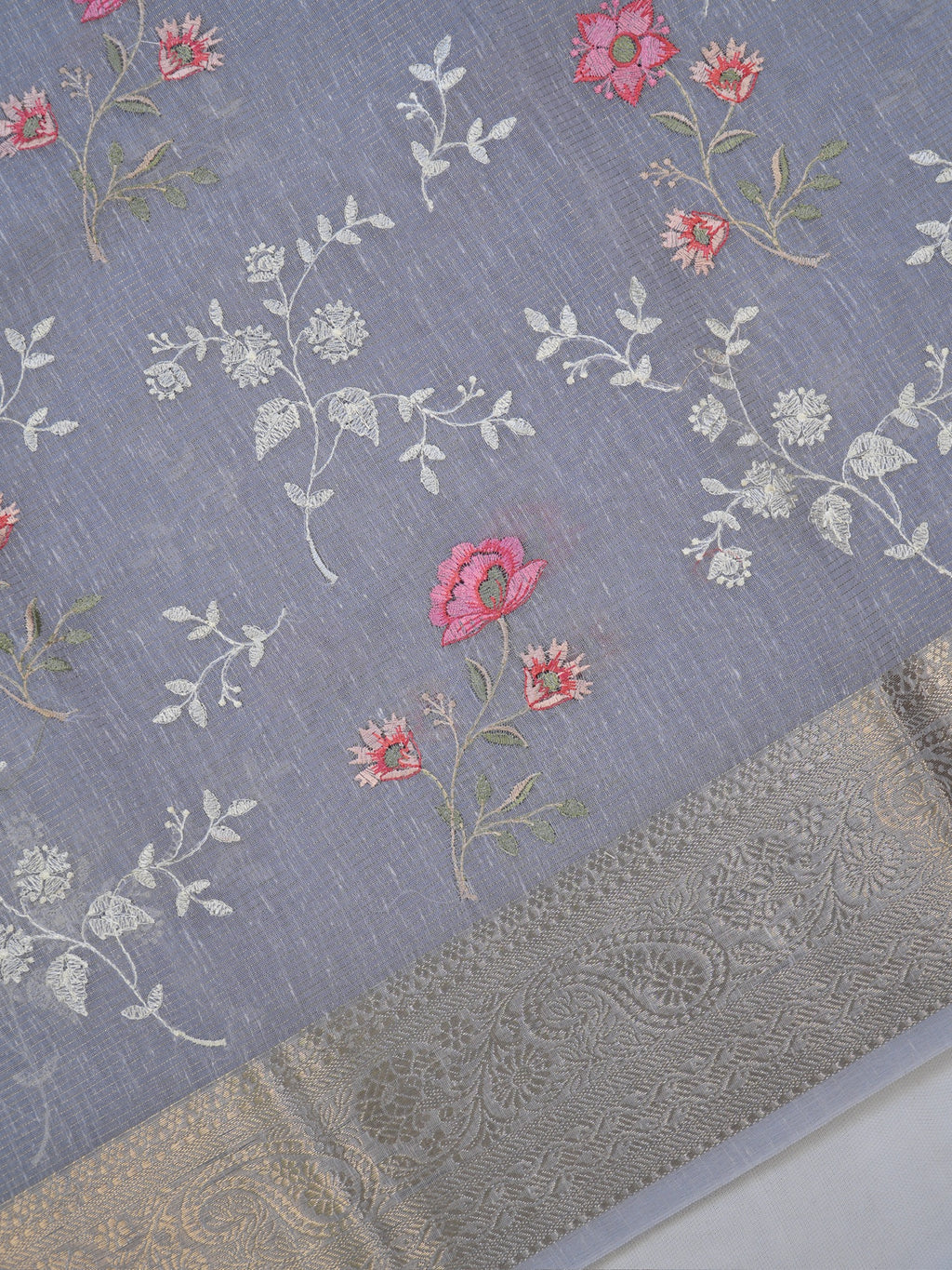 Powder Blue Soft Cotton Silk Floral Embroidered Saree with Silver Zari