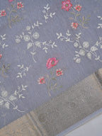 Powder Blue Soft Cotton Silk Floral Embroidered Saree with Silver Zari