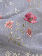 Powder Blue Soft Cotton Silk Floral Embroidered Saree with Silver Zari