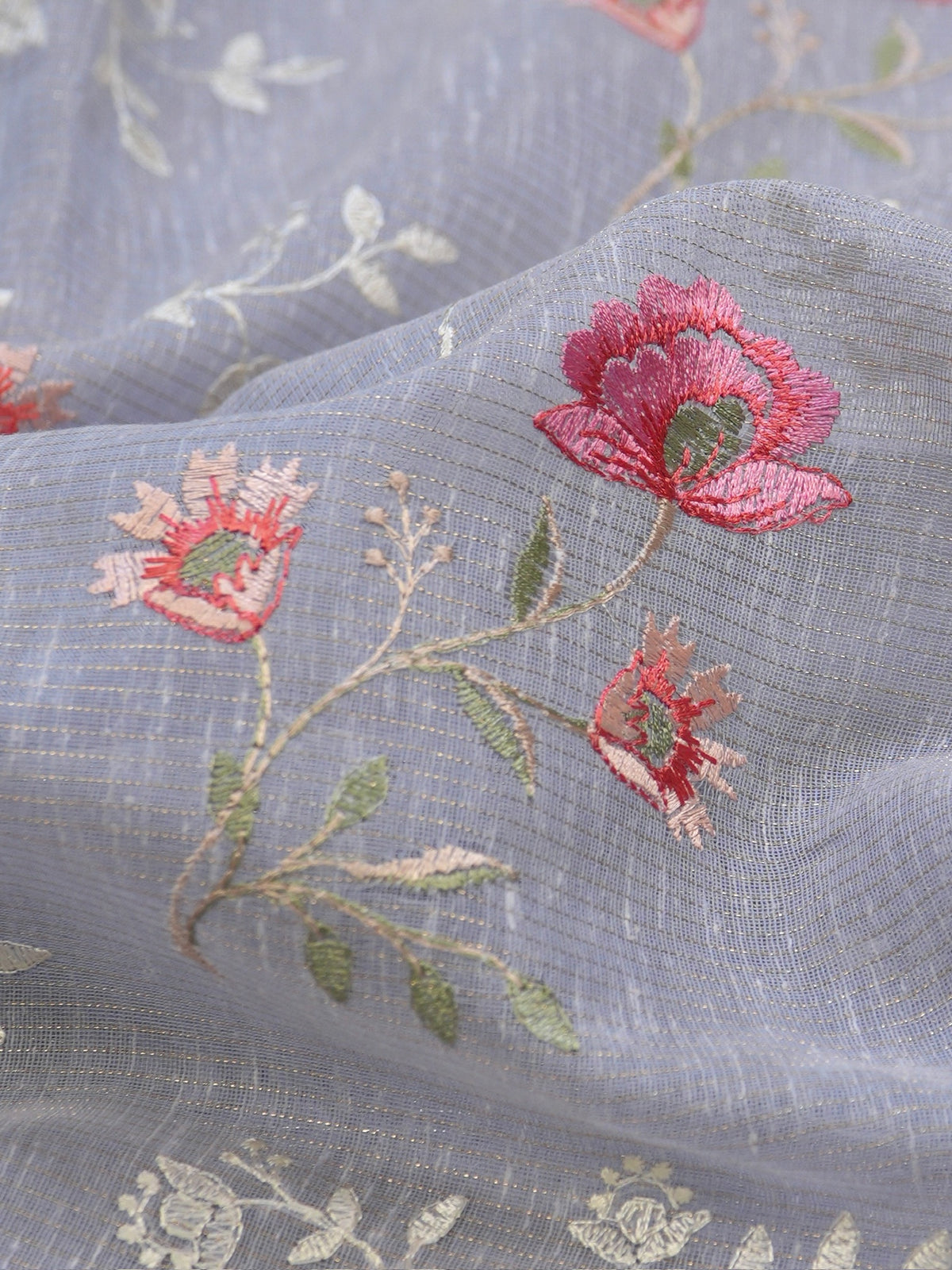 Powder Blue Soft Cotton Silk Floral Embroidered Saree with Silver Zari