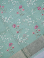 Sea Green Soft Cotton Silk Floral Embroidered Saree with Silver Zari