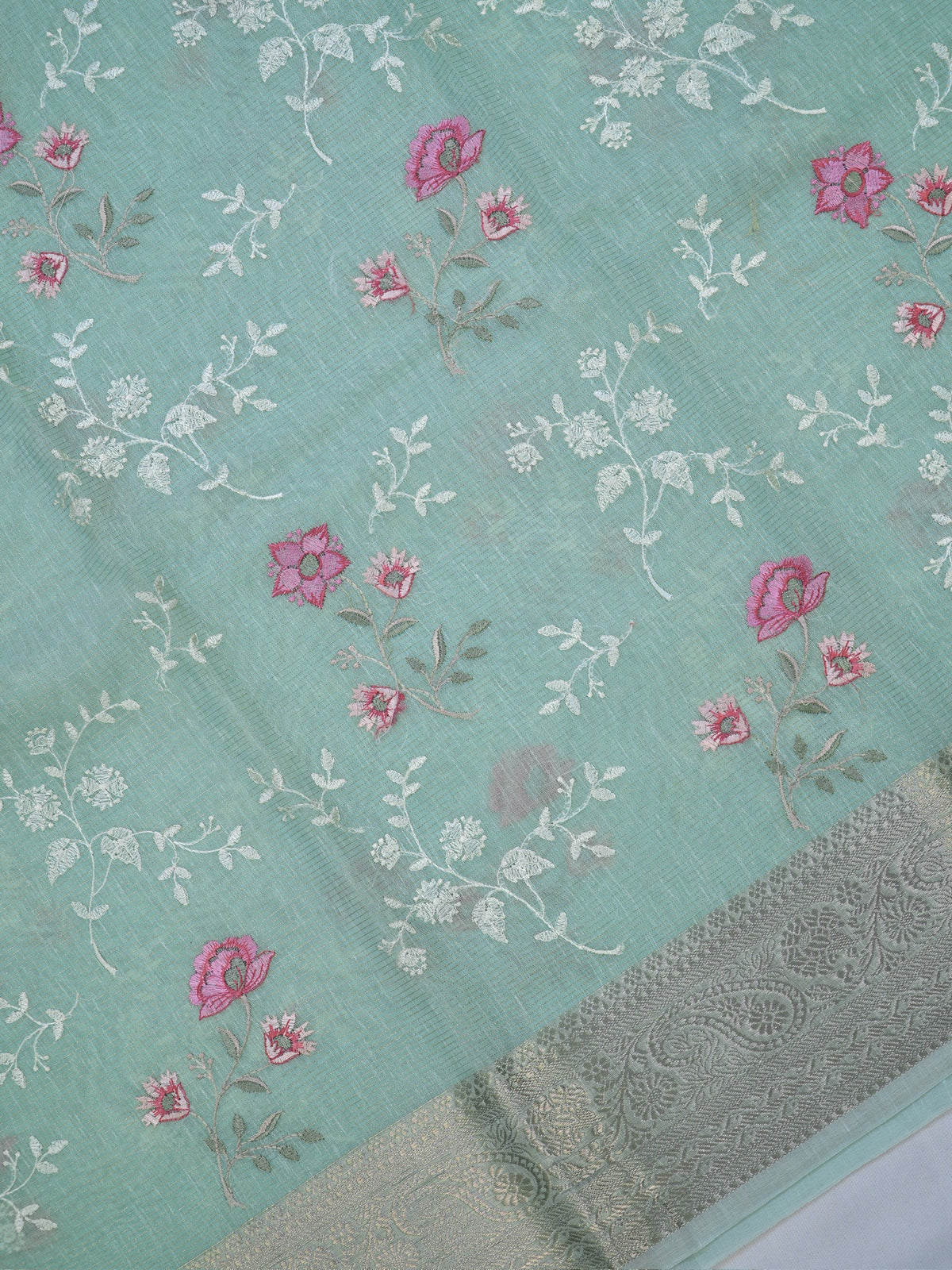 Sea Green Soft Cotton Silk Floral Embroidered Saree with Silver Zari