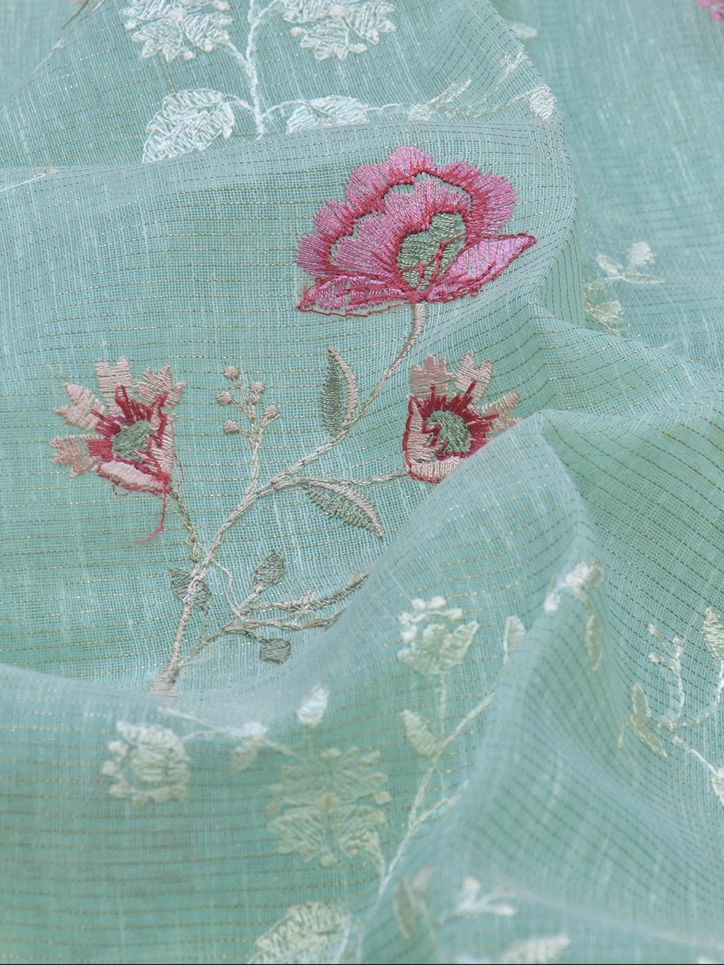 Sea Green Soft Cotton Silk Floral Embroidered Saree with Silver Zari