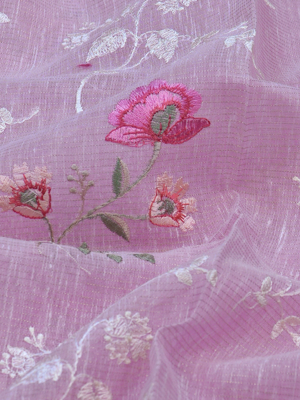 Soft Mauve Pink Soft Cotton Silk Floral Embroidered Saree with Silver Zari
