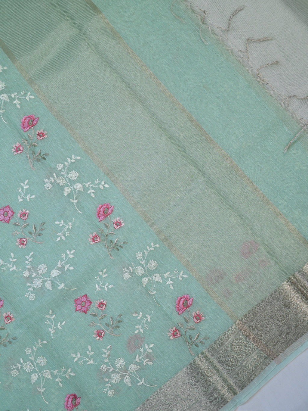 Sea Green Soft Cotton Silk Floral Embroidered Saree with Silver Zari