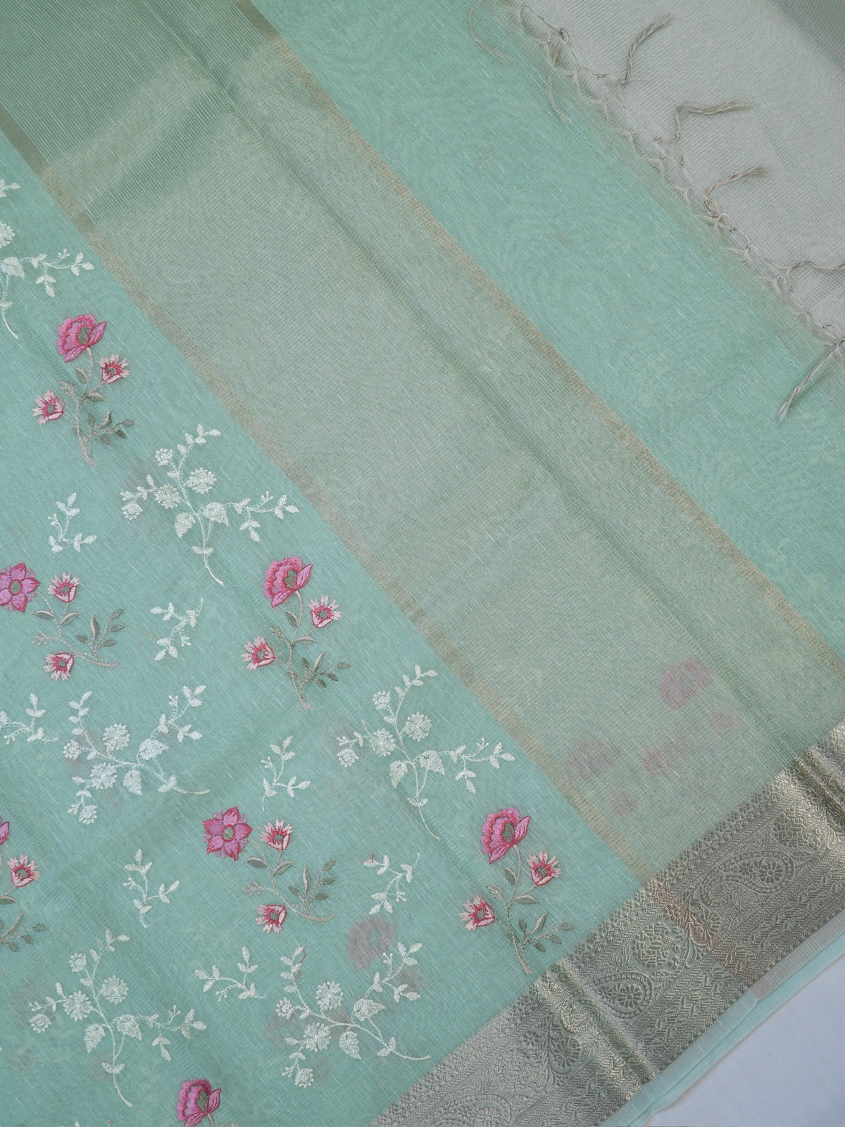 Sea Green Soft Cotton Silk Floral Embroidered Saree with Silver Zari