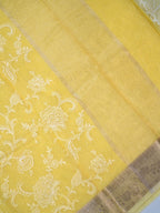 Light Yellow Soft Cotton Silk Floral Embroidered Saree with Silver Zari