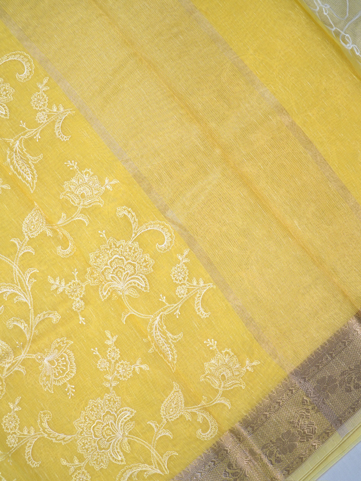Light Yellow Soft Cotton Silk Floral Embroidered Saree with Silver Zari