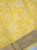 Light Yellow Soft Cotton Silk Floral Embroidered Saree with Silver Zari