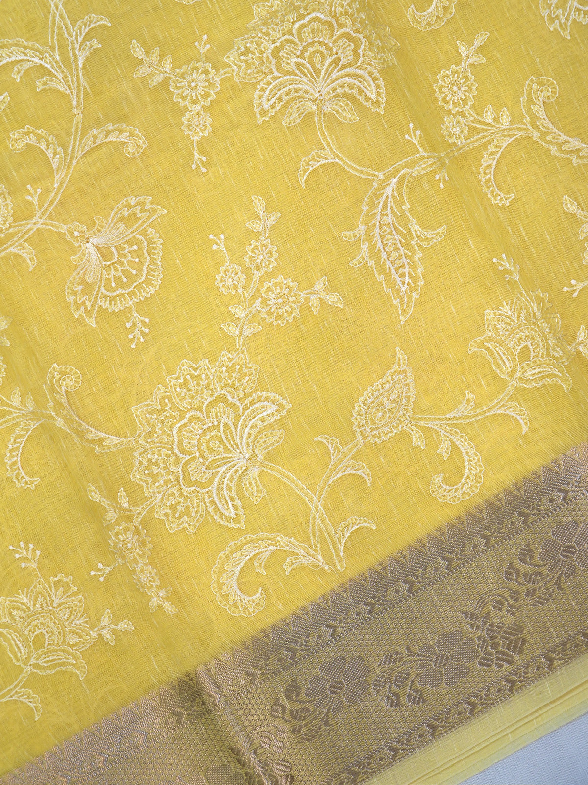 Light Yellow Soft Cotton Silk Floral Embroidered Saree with Silver Zari