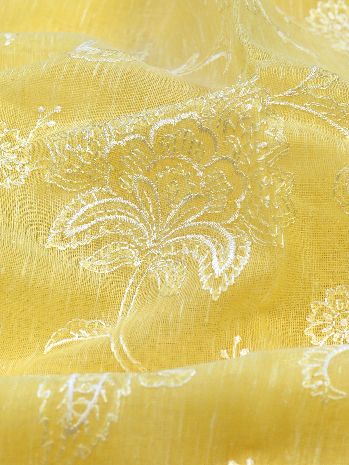 Light Yellow Soft Cotton Silk Floral Embroidered Saree with Silver Zari