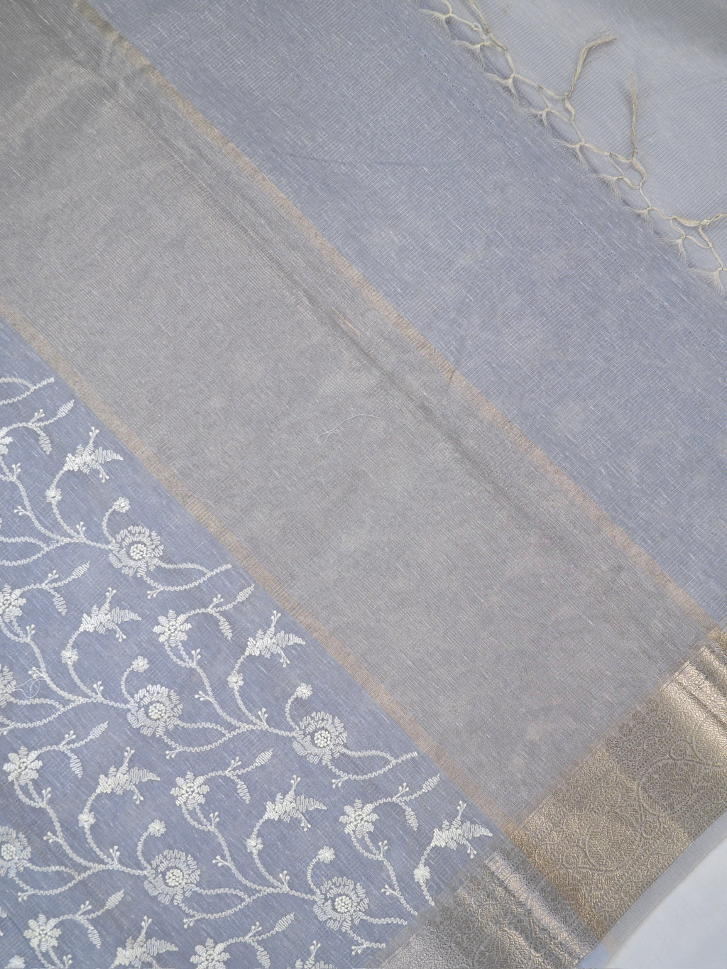 Steel Grey Soft Cotton Silk Floral Embroidered Saree with Silver Zari