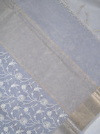 Steel Grey Soft Cotton Silk Floral Embroidered Saree with Silver Zari