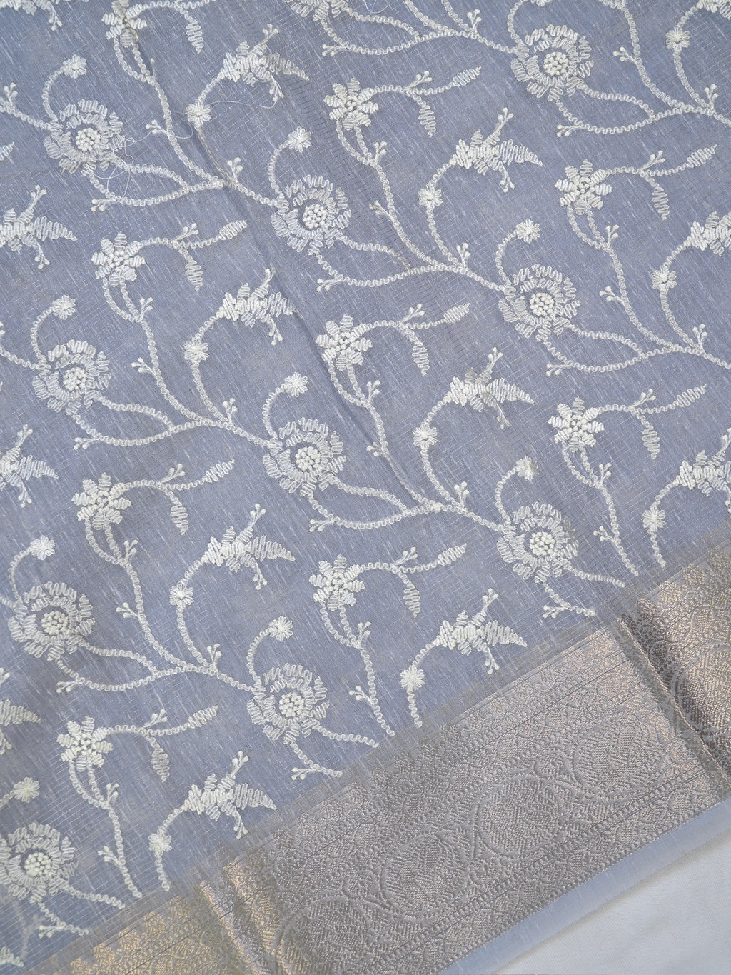 Steel Grey Soft Cotton Silk Floral Embroidered Saree with Silver Zari