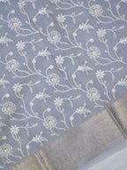 Steel Grey Soft Cotton Silk Floral Embroidered Saree with Silver Zari