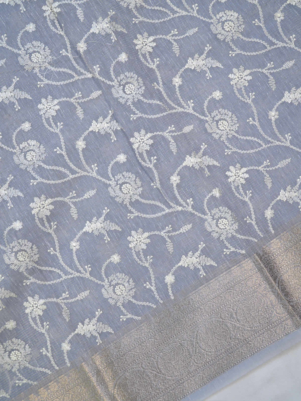 Steel Grey Soft Cotton Silk Floral Embroidered Saree with Silver Zari