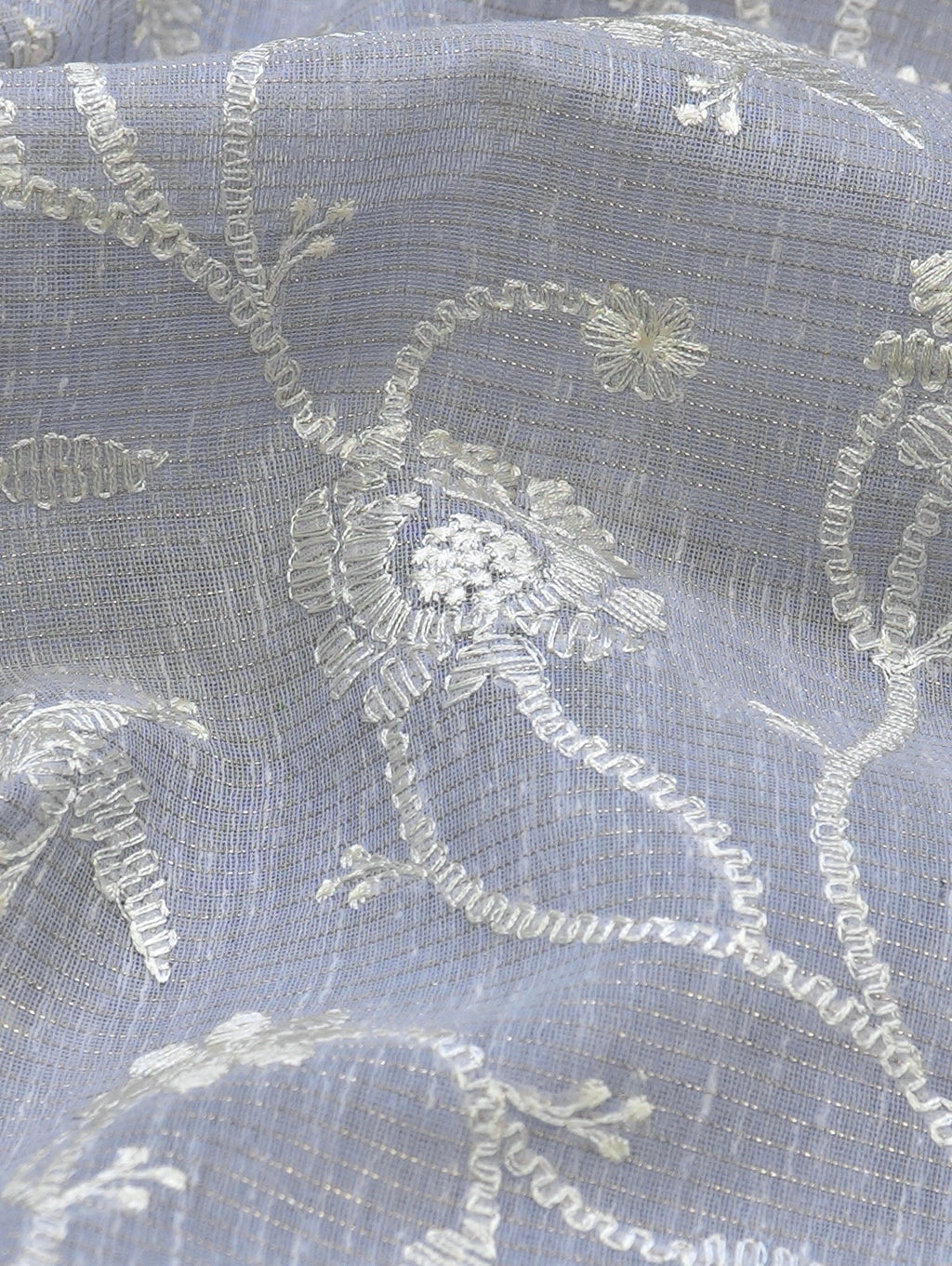 Steel Grey Soft Cotton Silk Floral Embroidered Saree with Silver Zari