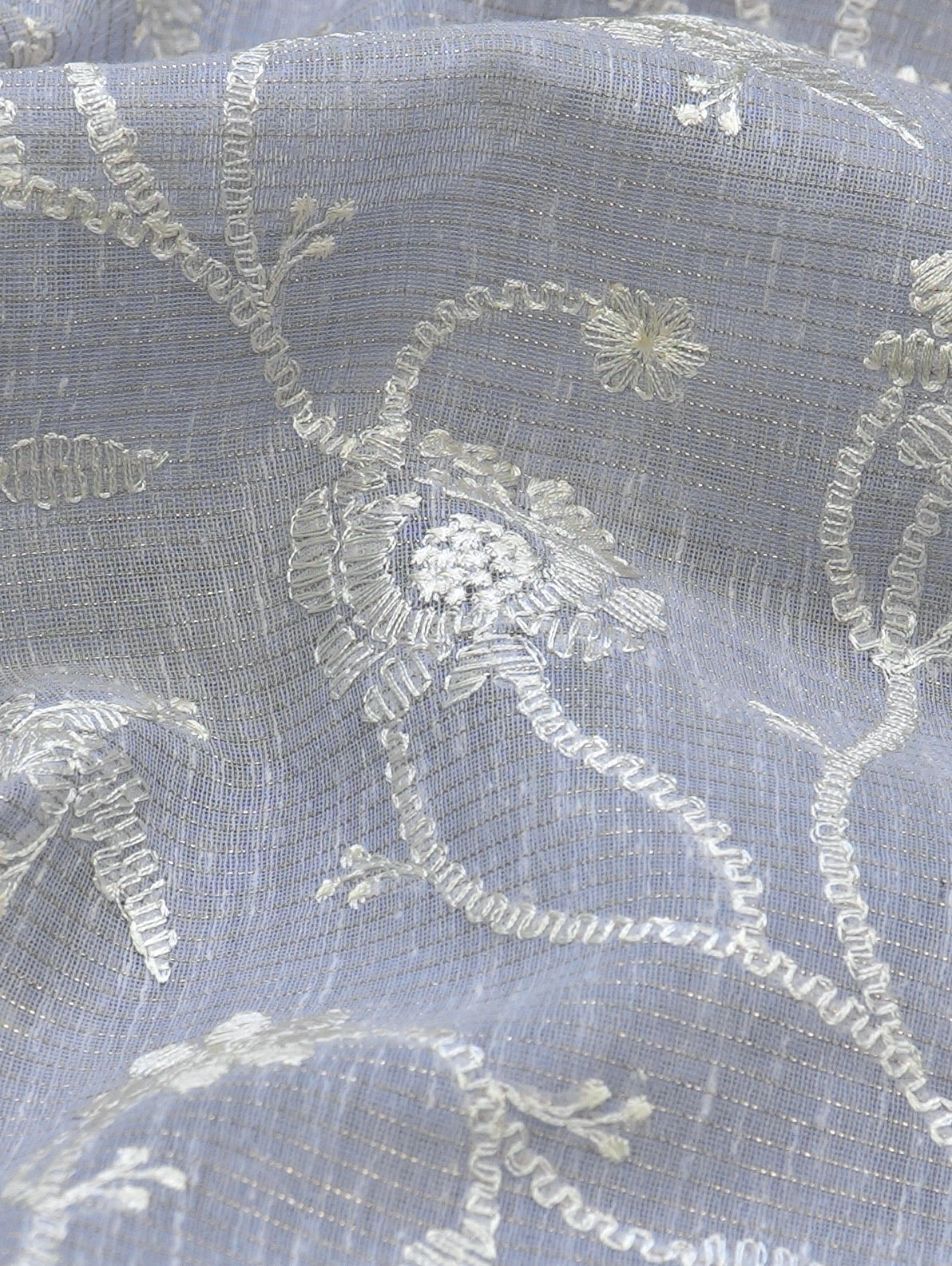 Steel Grey Soft Cotton Silk Floral Embroidered Saree with Silver Zari
