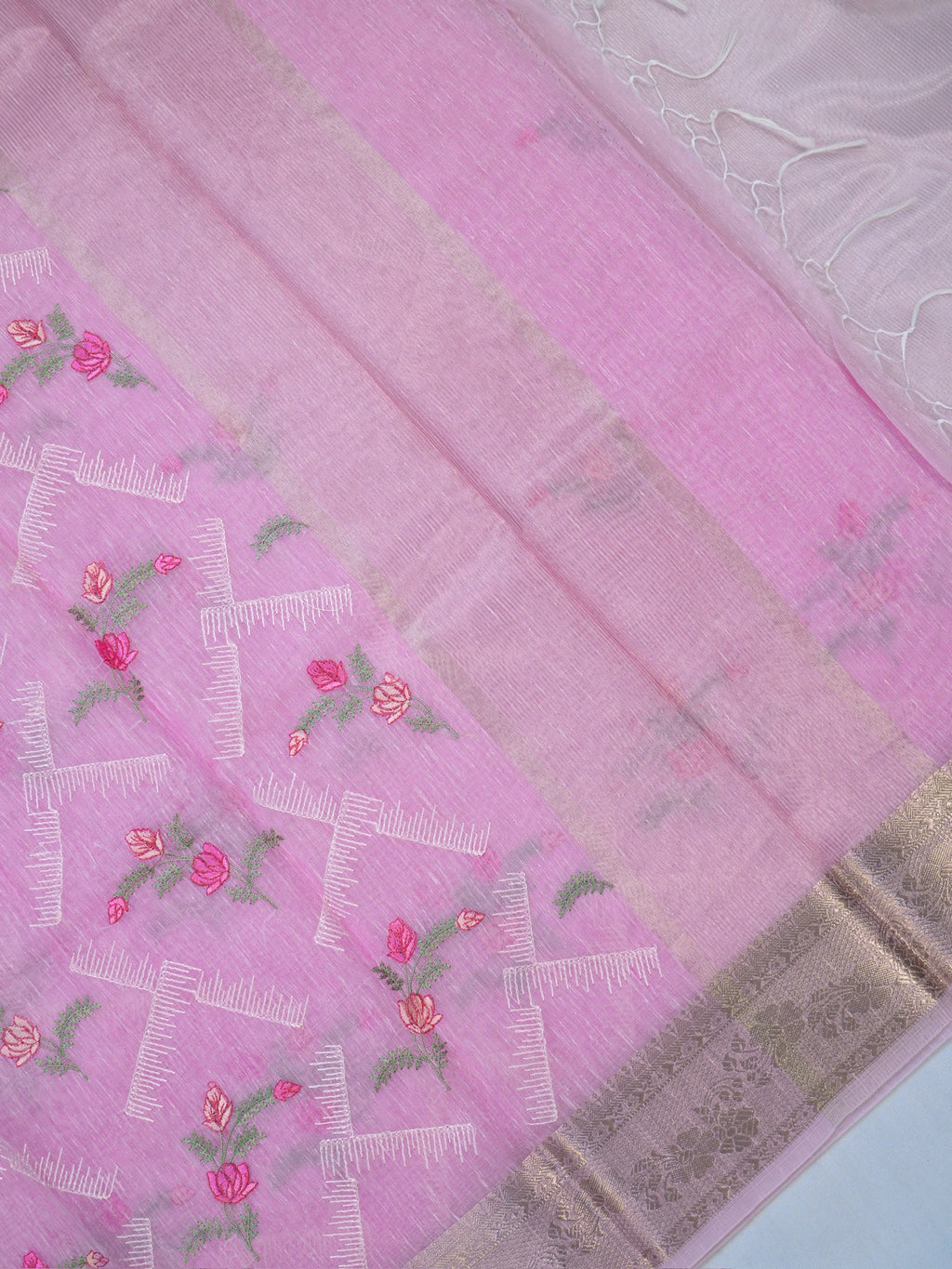 Lilac Pink Soft Cotton Silk Floral Embroidered Saree with Silver Zari