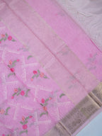 Lilac Pink Soft Cotton Silk Floral Embroidered Saree with Silver Zari