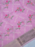 Lilac Pink Soft Cotton Silk Floral Embroidered Saree with Silver Zari