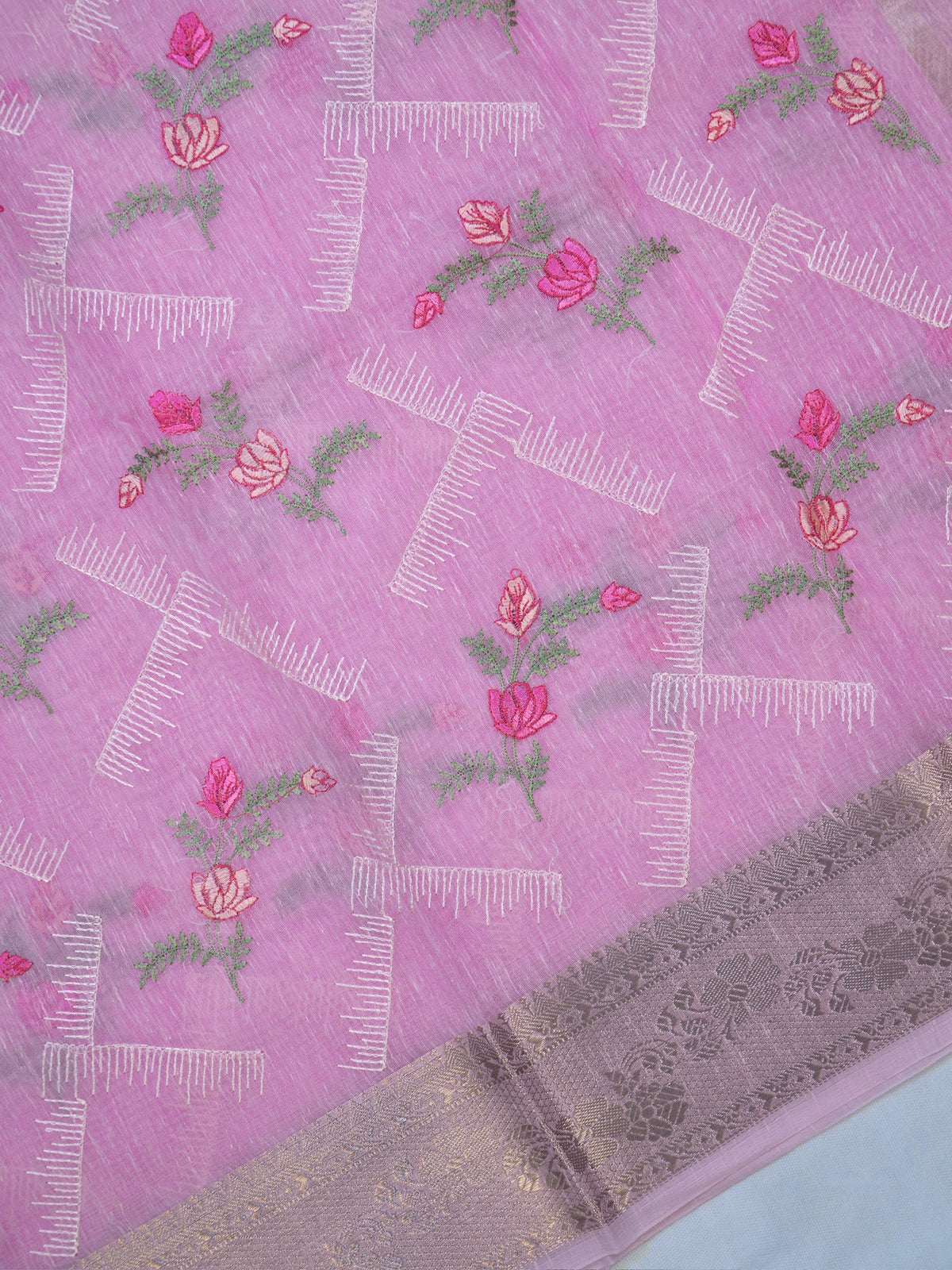 Lilac Pink Soft Cotton Silk Floral Embroidered Saree with Silver Zari