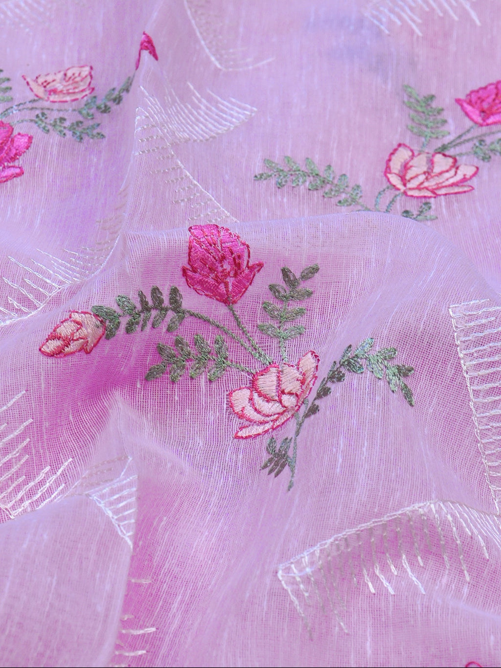 Lilac Pink Soft Cotton Silk Floral Embroidered Saree with Silver Zari