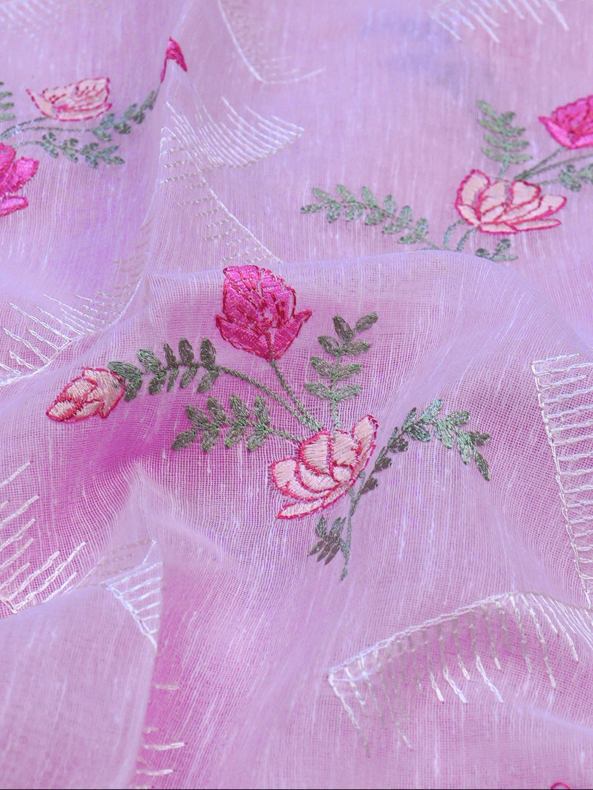 Lilac Pink Soft Cotton Silk Floral Embroidered Saree with Silver Zari