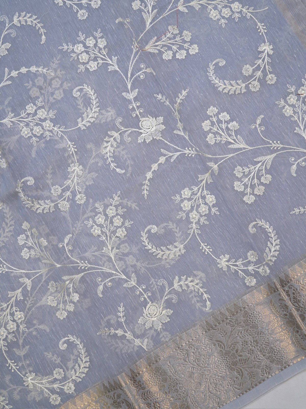 Light Blue Soft Cotton Silk Embroidered Saree with Silver Zari