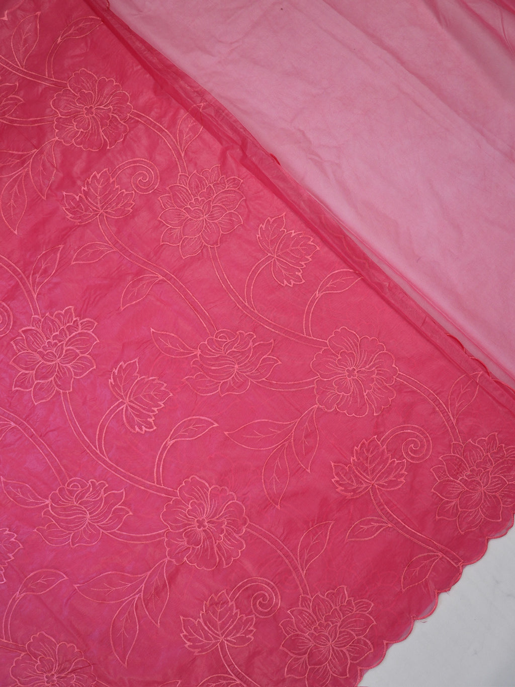 Rose Pink Soft Organza Silk Floral Embroidered Saree with Scalloped Border