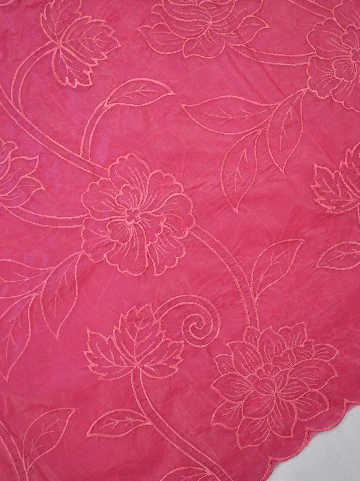 Rose Pink Soft Organza Silk Floral Embroidered Saree with Scalloped Border