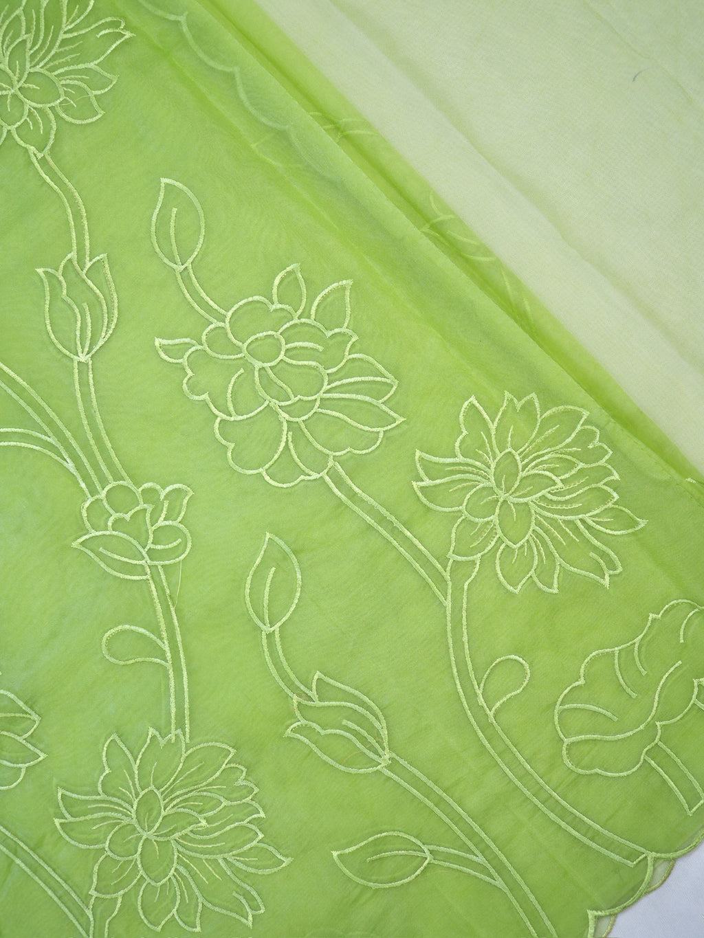 Parrot Green Soft Organza Silk Floral Embroidered Saree with Scalloped Border