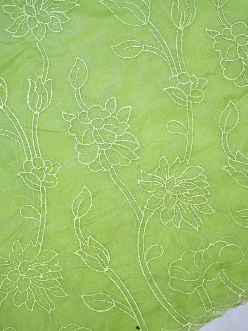 Parrot Green Soft Organza Silk Floral Embroidered Saree with Scalloped Border