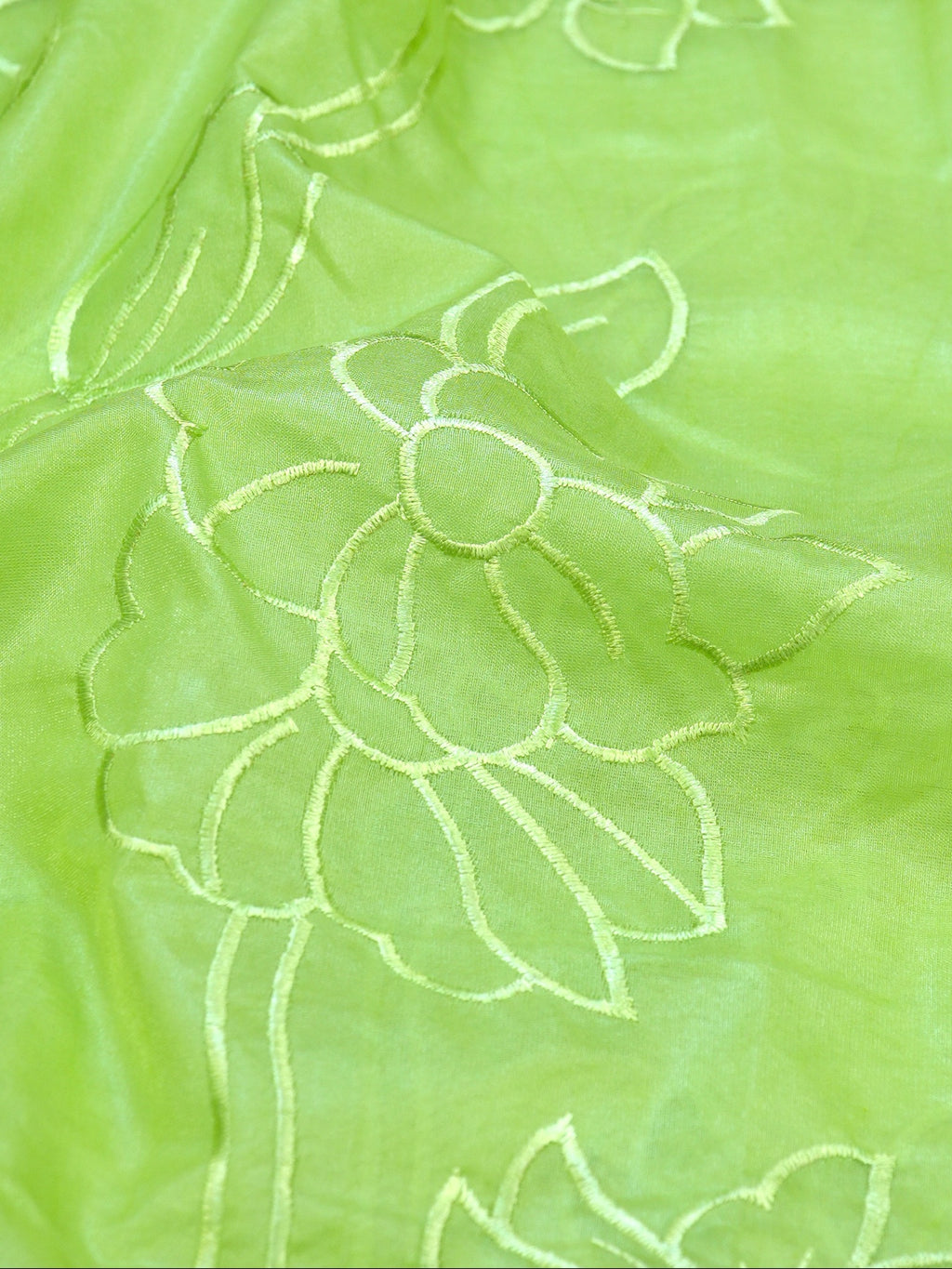 Parrot Green Soft Organza Silk Floral Embroidered Saree with Scalloped Border