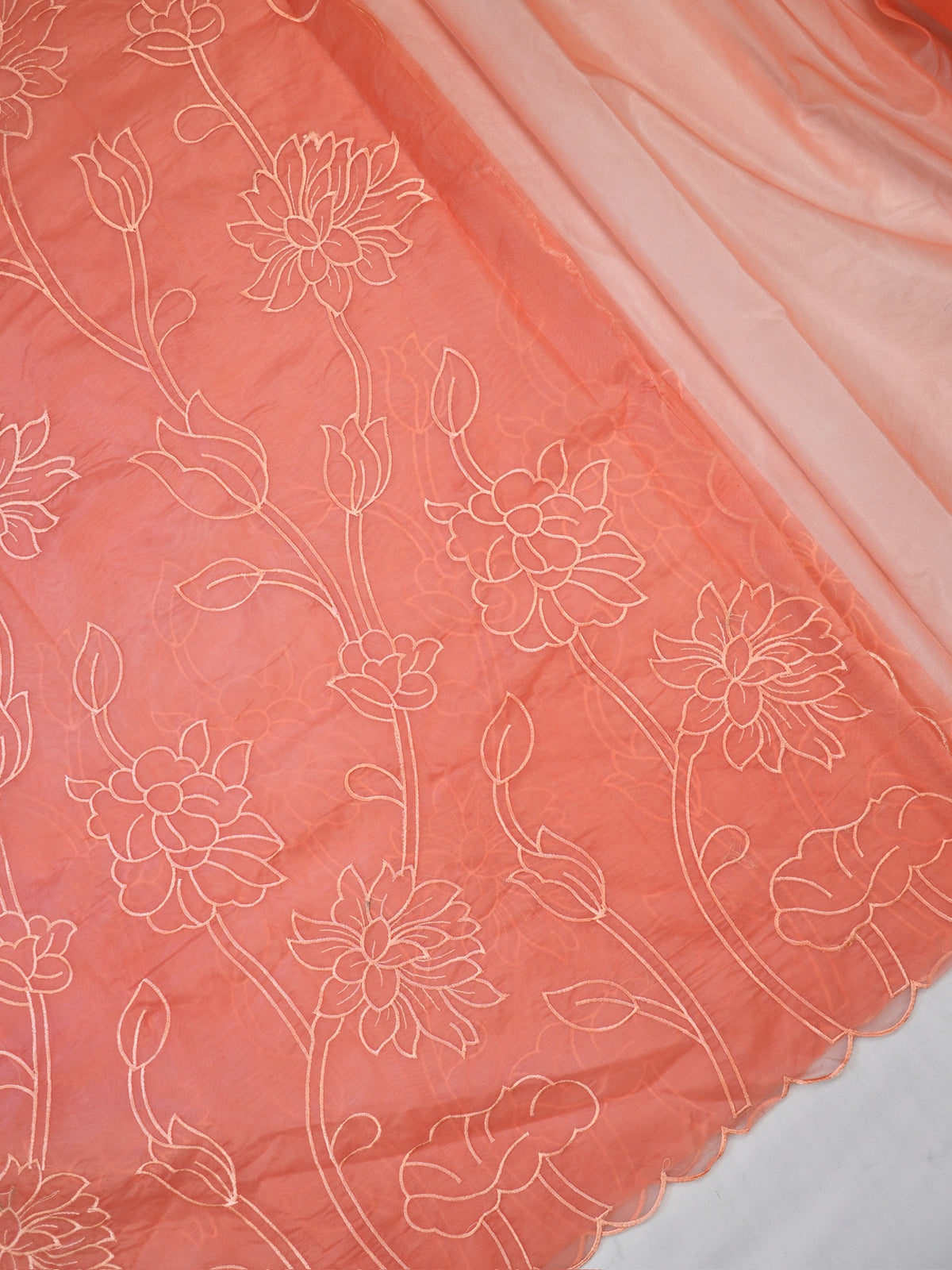 Peach Coral Soft Organza Floral Embroidered Saree
