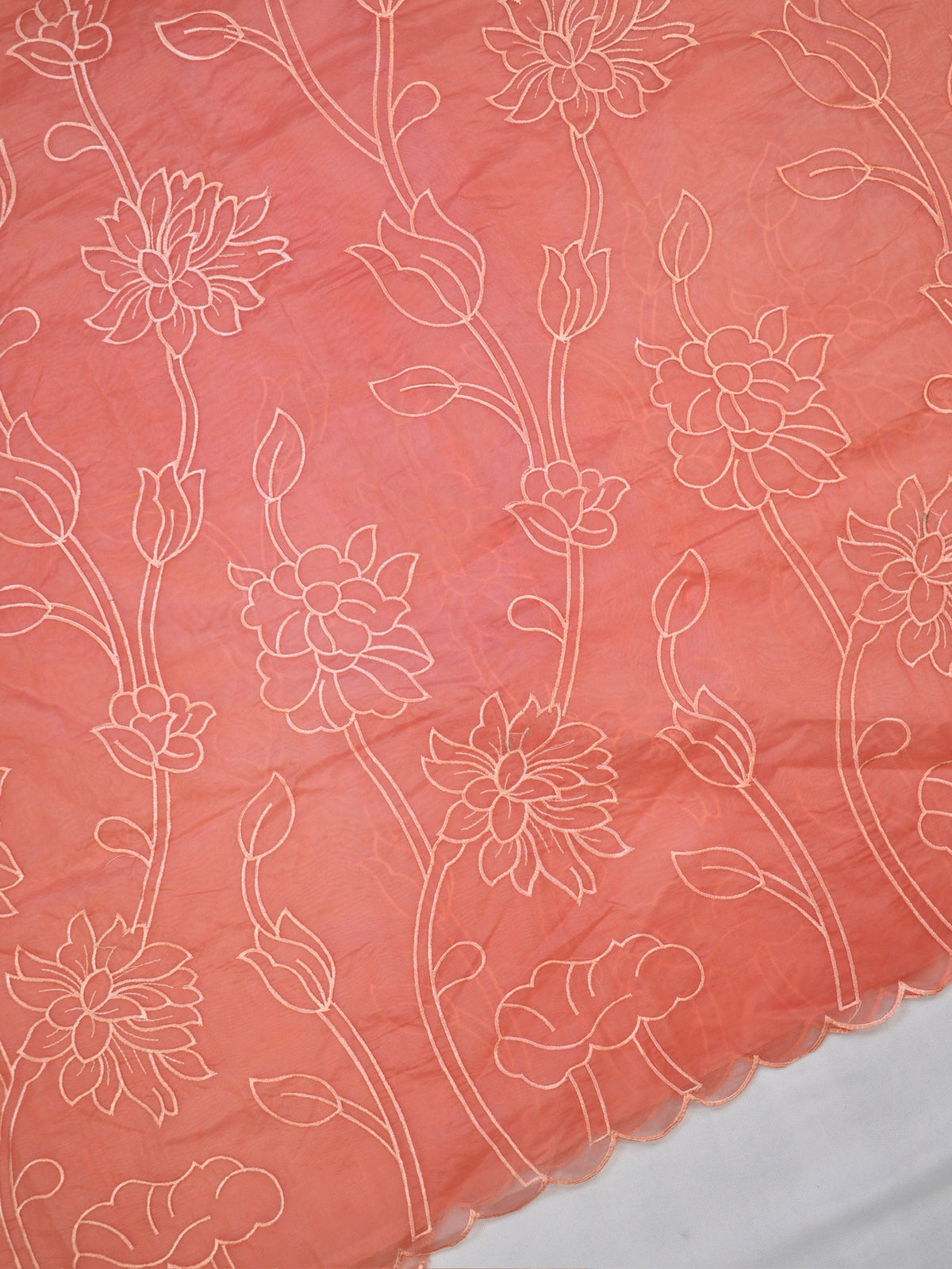 Peach Coral Soft Organza Floral Embroidered Saree