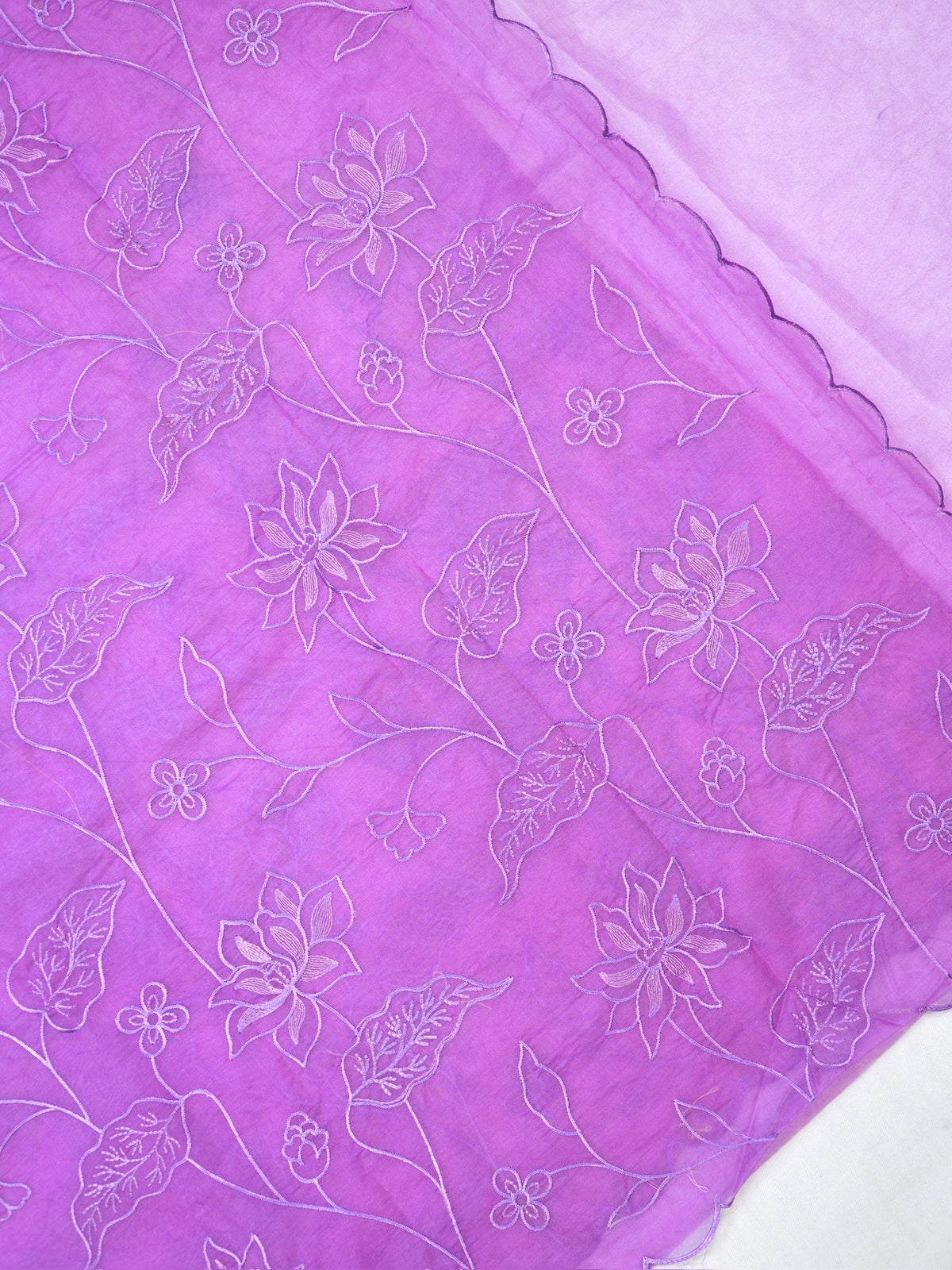 Lavender Soft Organza Silk Floral Embroidered Saree with Scalloped Border